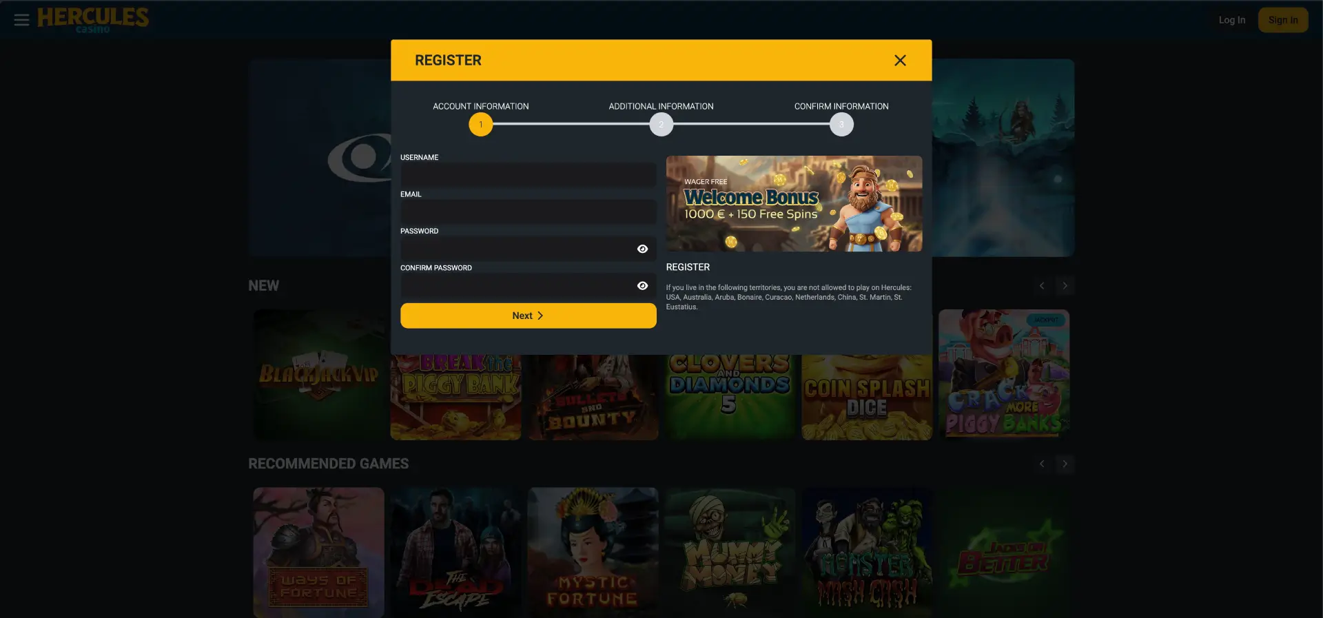 Hercules Casino Lobby mit Bonus bis 1000 Euro und 150 Freispielen